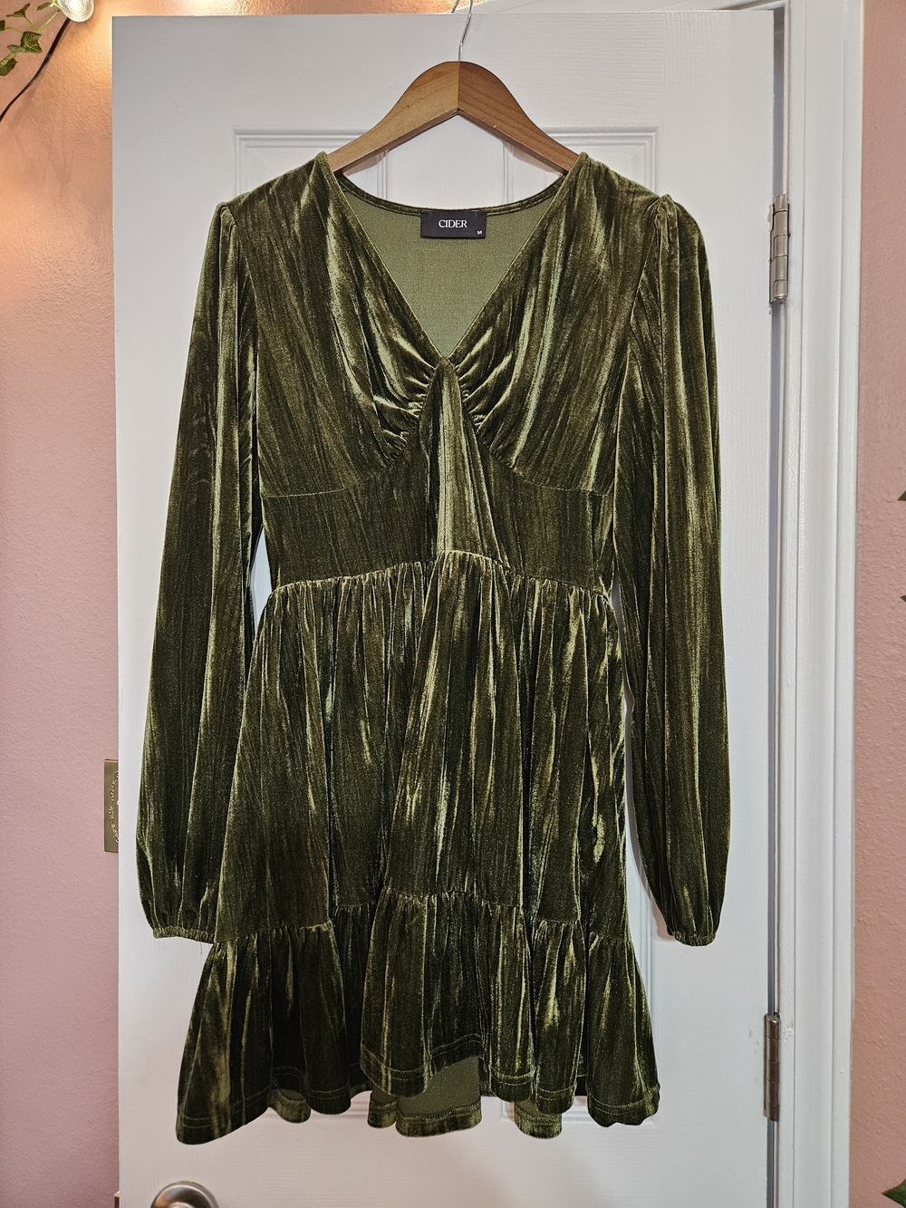 Cider Olive Green Velvet Long-Sleeve Tiered Mini Dress